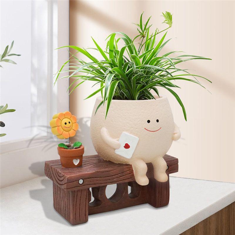 M-Modern-Cute Smileyface Planter Pot Sitting Sunflower Flower Pot Resin Head Planter For Indoor Outdoor Funny Sit Chair Pots