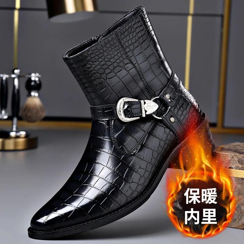 Mode Große Größe Schnalle Designer Leder Chelsea Stiefel Männer Mode Lässig Schwarz Herbst Witner Kleid Schuhe Mann Stein Muster Stiefeletten
