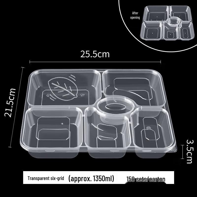 Disposable 6-Compartment Rectangular Meal Prep Containers with Lids, 150 Sets