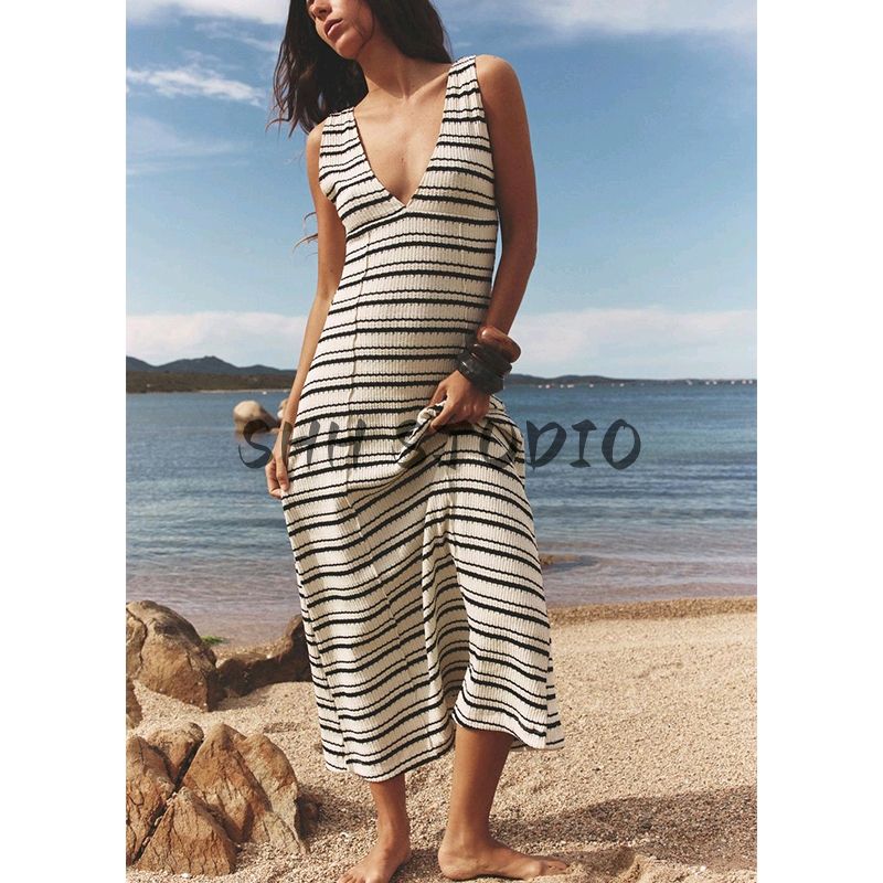 Summer New Product Women's Clothes French Style Vacation Style V Neck Sleeveless A- Line Hem Midi Skirt Dress 5584222