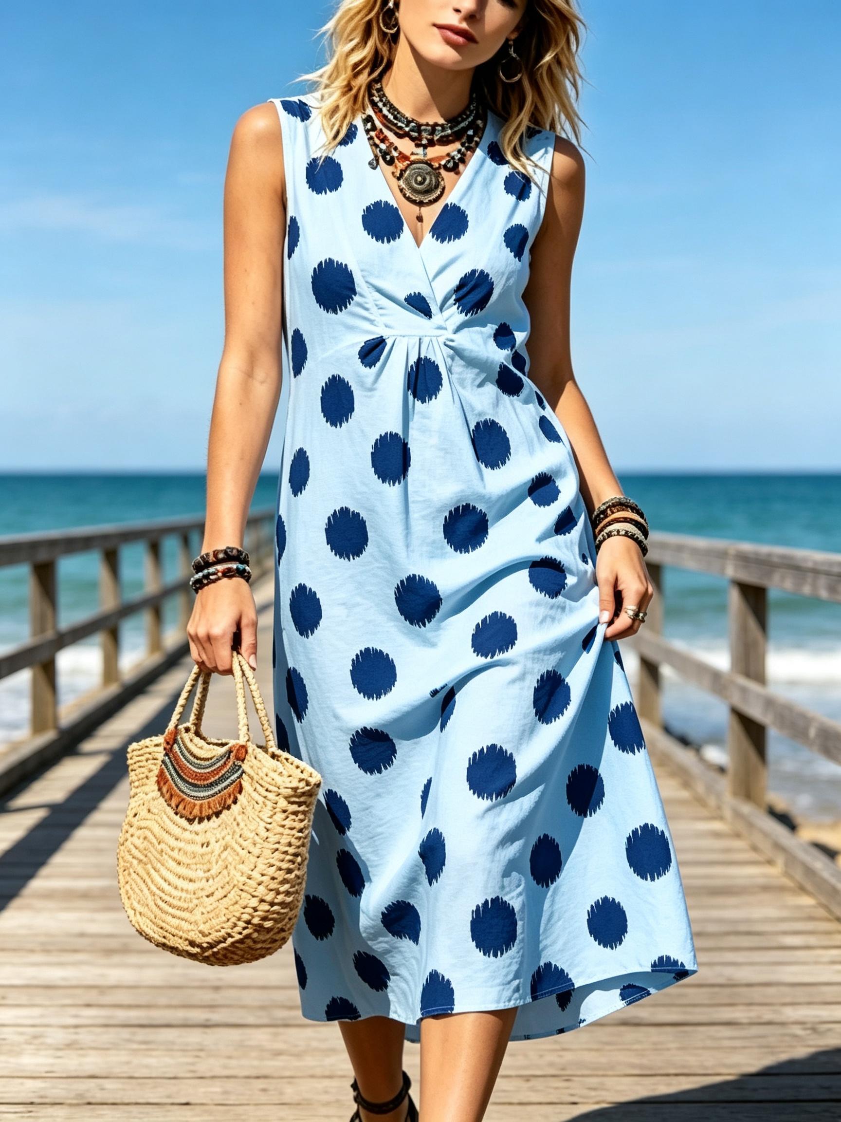 Light Blue Big Polka Dot Sleeveless V Neck Midi Dress Women Empire Waist Loose Bohemian Summer Holiday Beach Travel Sundress XXS