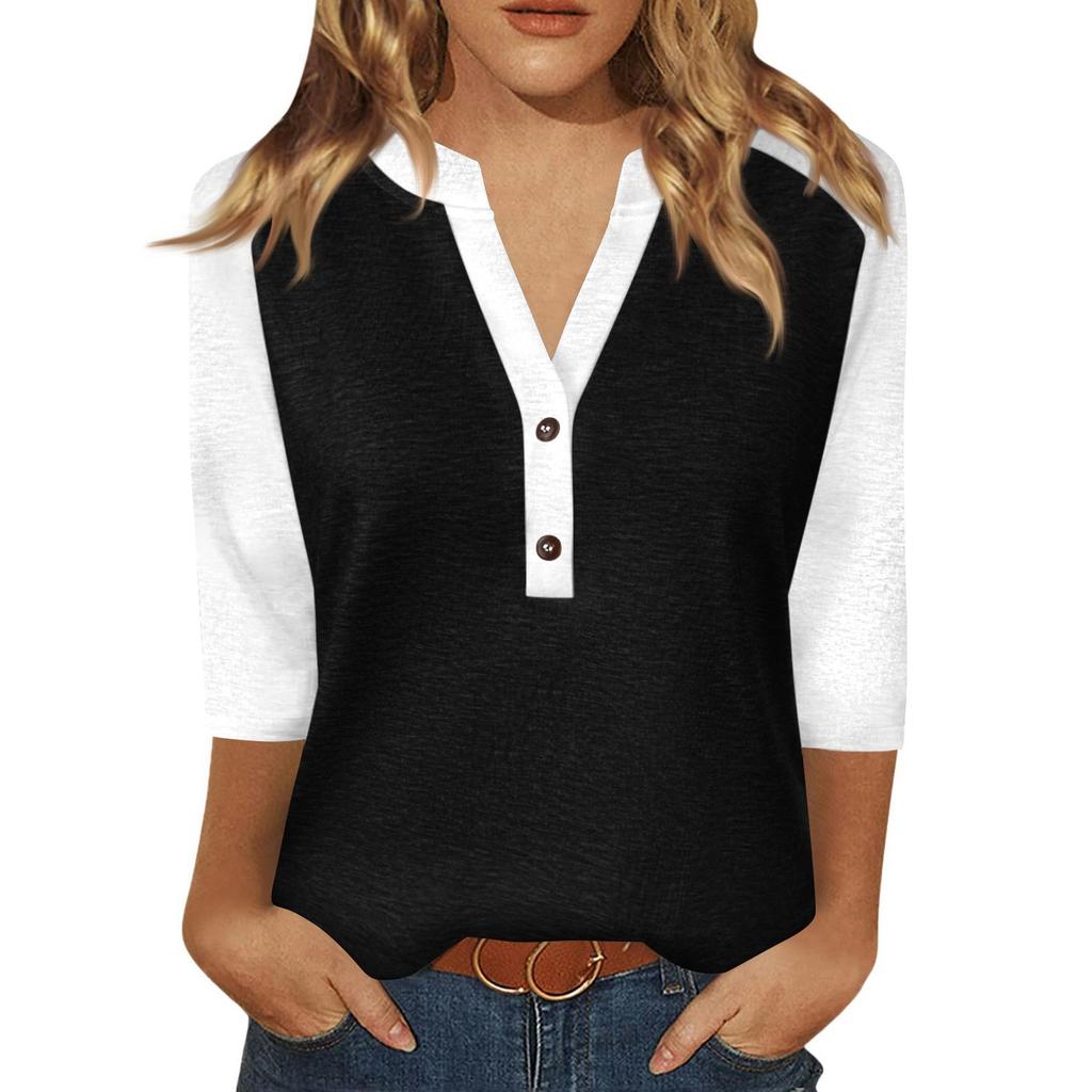 Women's T Shirt Print Button 3/4 Sleeve Daily Weekend Fashion Basic V- Neck Regular Top