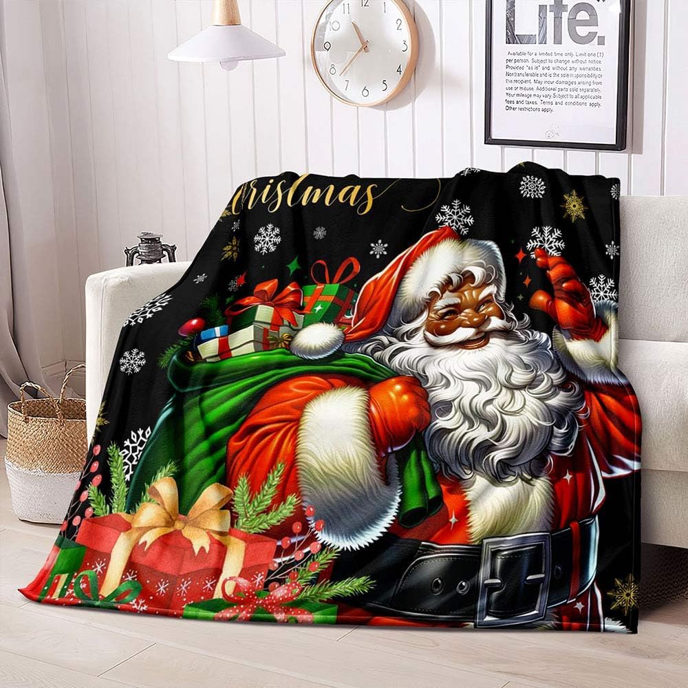 African American Black Santa Claus Throw Blanket, Christmas Snowflake Xmas Gifts Winter Holiday, Soft Plush Flannel Fleece for
