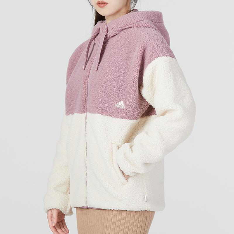 Adidas Color Block Sports Casual Hooded Warm Fleece Jacket Women Jackets Pink HN0670
