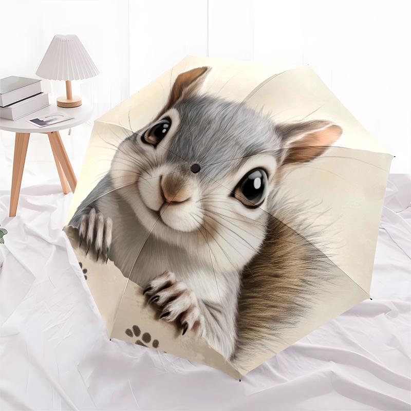 Cute Squirrel pattern, automatic folding umbrella, portable and foldable design, 8 ribs, a Christmas or birthday gift.