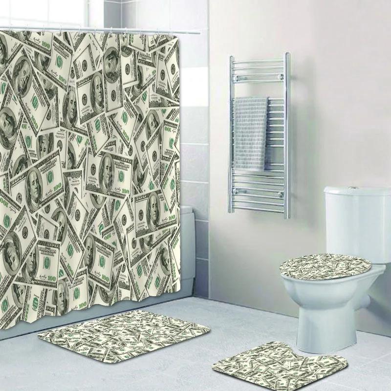 Us Dollar Bill Banknotes Bathroom Shower Curtain Set For Bathroom Money Currency Notes Bath Mat Rug For Toilet Carpet Home Decor