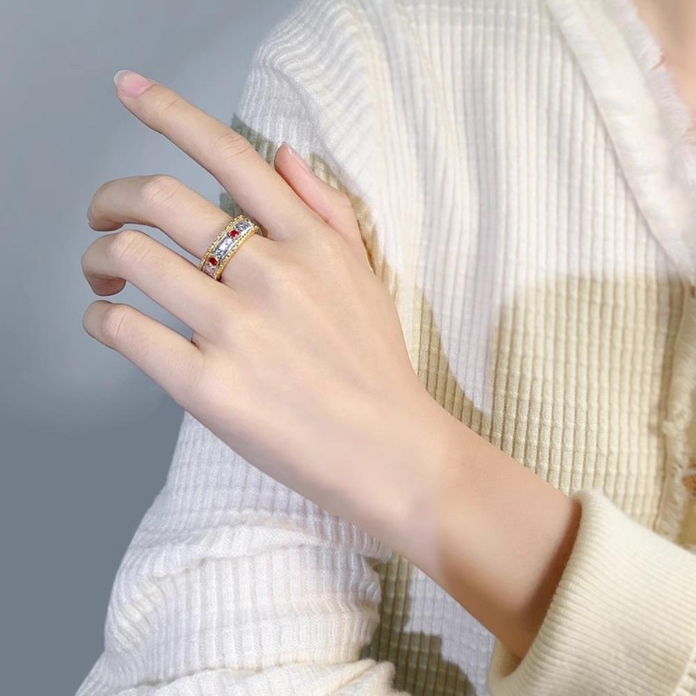 Italian Baroque Open Ring Red Corundum Vintage Elegant Engraved Gold Lace Beaded Edge Women Finger Ring