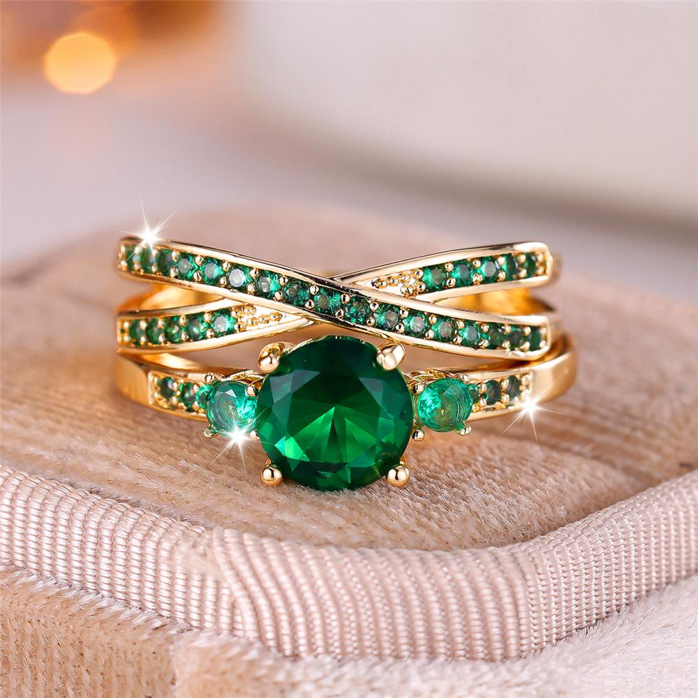

Luxury Female Crystal Green Zircon Stone Round Engagement Ring Set Vintage Yellow Gold Color Wedding Jewelry For Women 9