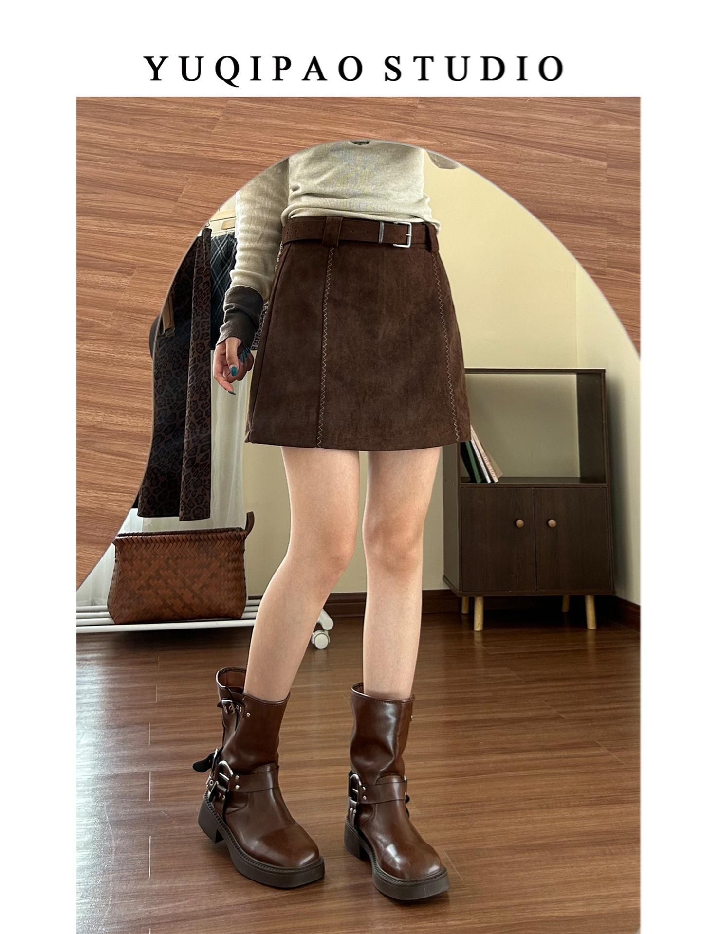

Plus Size Coffee Suede Plush A-line Short Skirt - High Waist, Women s Spring/Autumn, Brown Hip Wrap Design XL коричневый