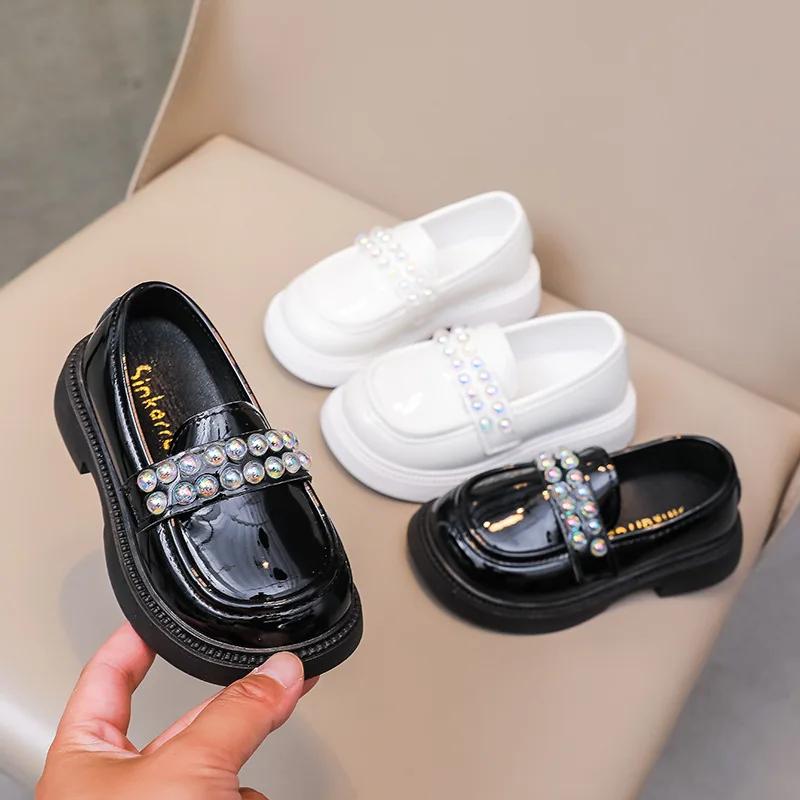 Girls Spring Summer Fashion Leather Shoes Woman Black Rhinestone Soft Soled  Kid Shoes Child Thick Soled Lacquered Leather Shoes