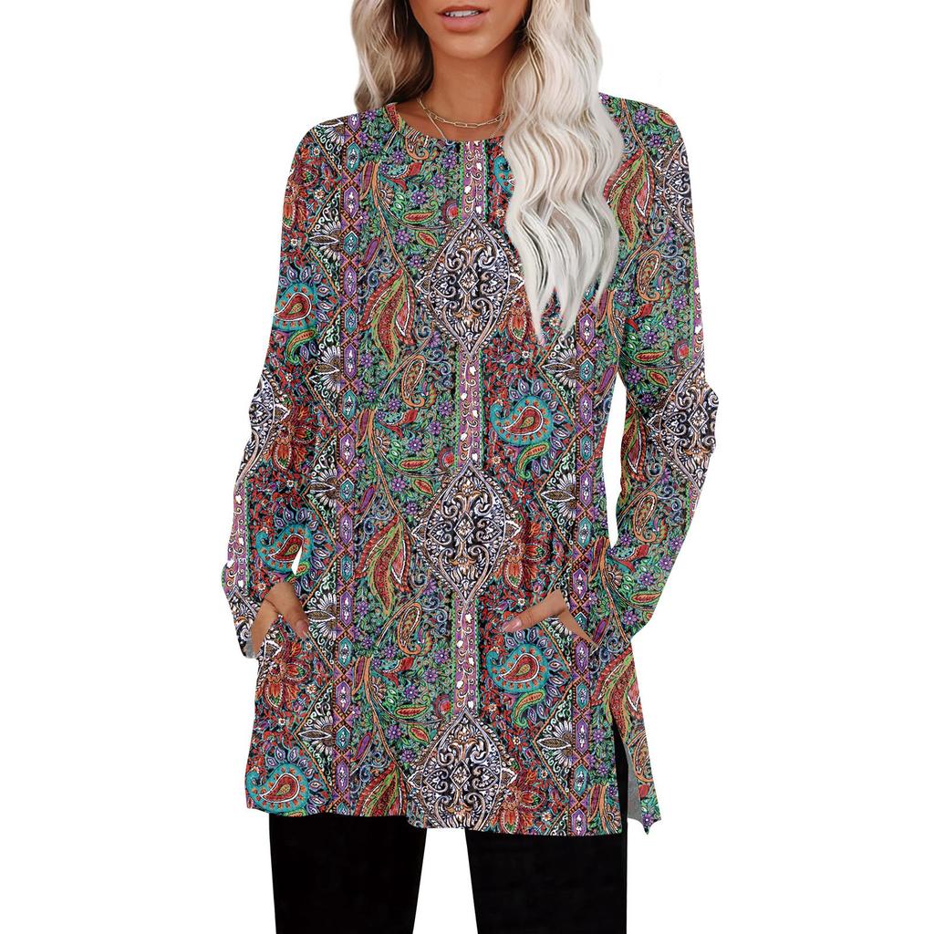 Womens Sweaters Crewneck Long Sleeve Shirts With Pockets Fall Outfits  Fashion Winter Clothing Side Slit