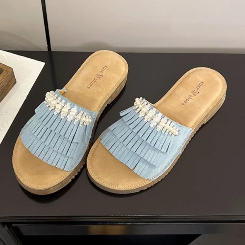 Fashion Tassels Women Flats Slippers Crystal Summer Shoes Casual New Sandals 2025 Fashion Woman Flip Flops Beach Slides Zapatillas Mujer