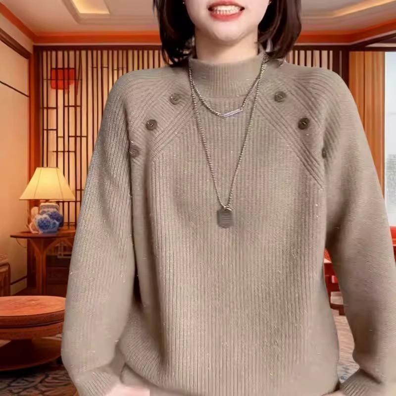 The New Thick and Warm Sweater for Autumn and Winter, with A Semi-high Neck and Two Rows of Buttons, Is Loose and Versatile, Fashionable and Slimming