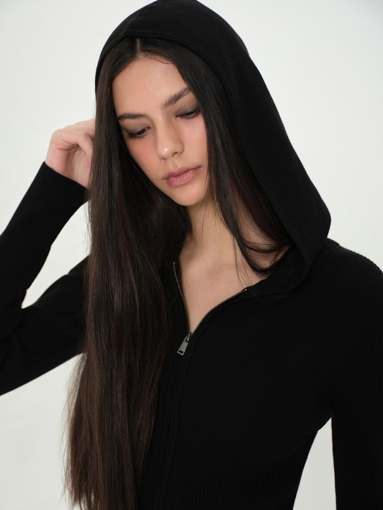 MUSINSA STANDARD WOMAN Women'S Ribbed Slim Hooded Knit Zip-Up [Black]
