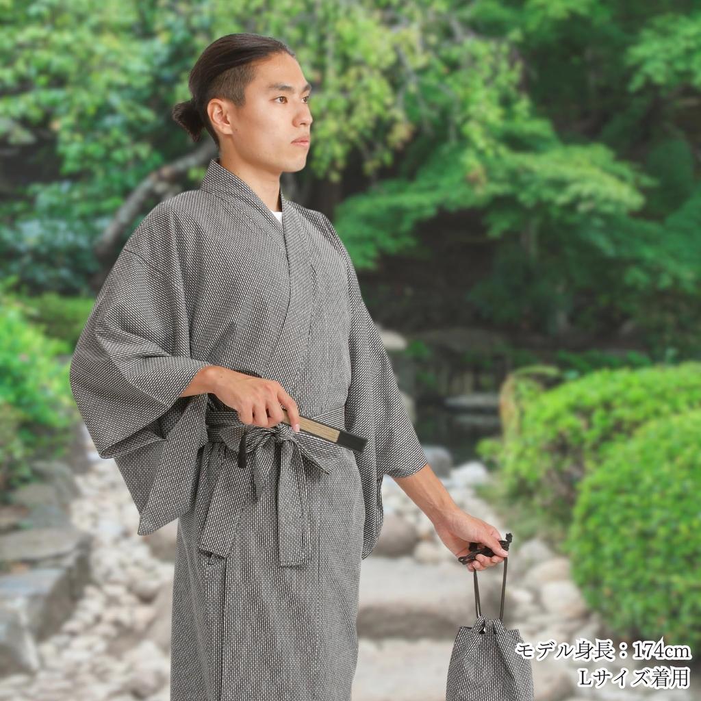 Edoten Yukata with Obi and Size Sashiko Black Men's Sashiko-Woven Kimono, 100% Cotton, Pockets, 3L,