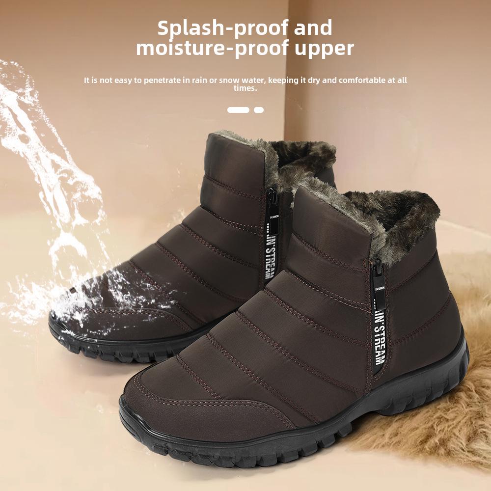 Men's Winter High-Waist Double Zipper Waterproof Cotton Snow Boots with Warm Velvet Lining for Elderly