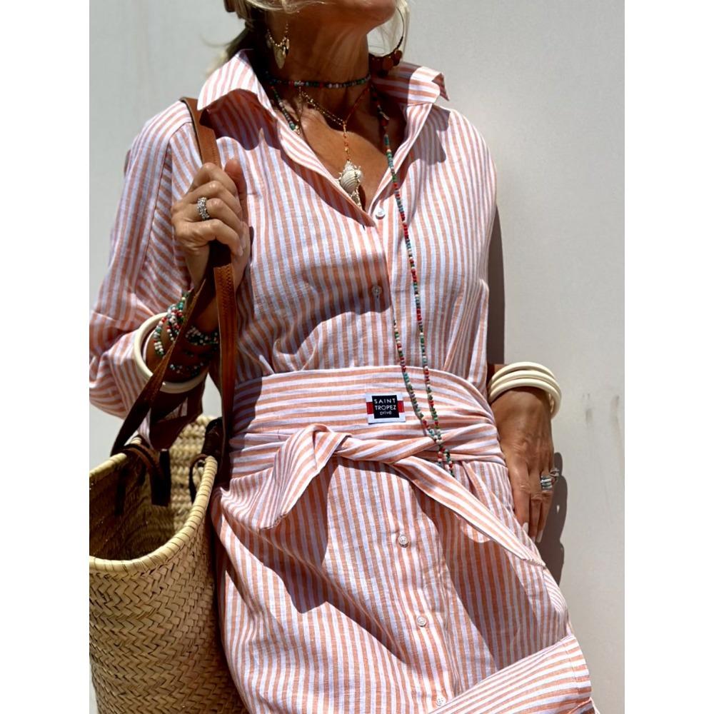 Autumn Five Quarter Sleeve Striped Two Side Slit Shirt Dresses with Lapel Long Women's Dresses