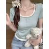 Contrast Color Fake Two-piece Button Design Short-sleeved Slim Light Green White T-shirt Women's Summer Short Top