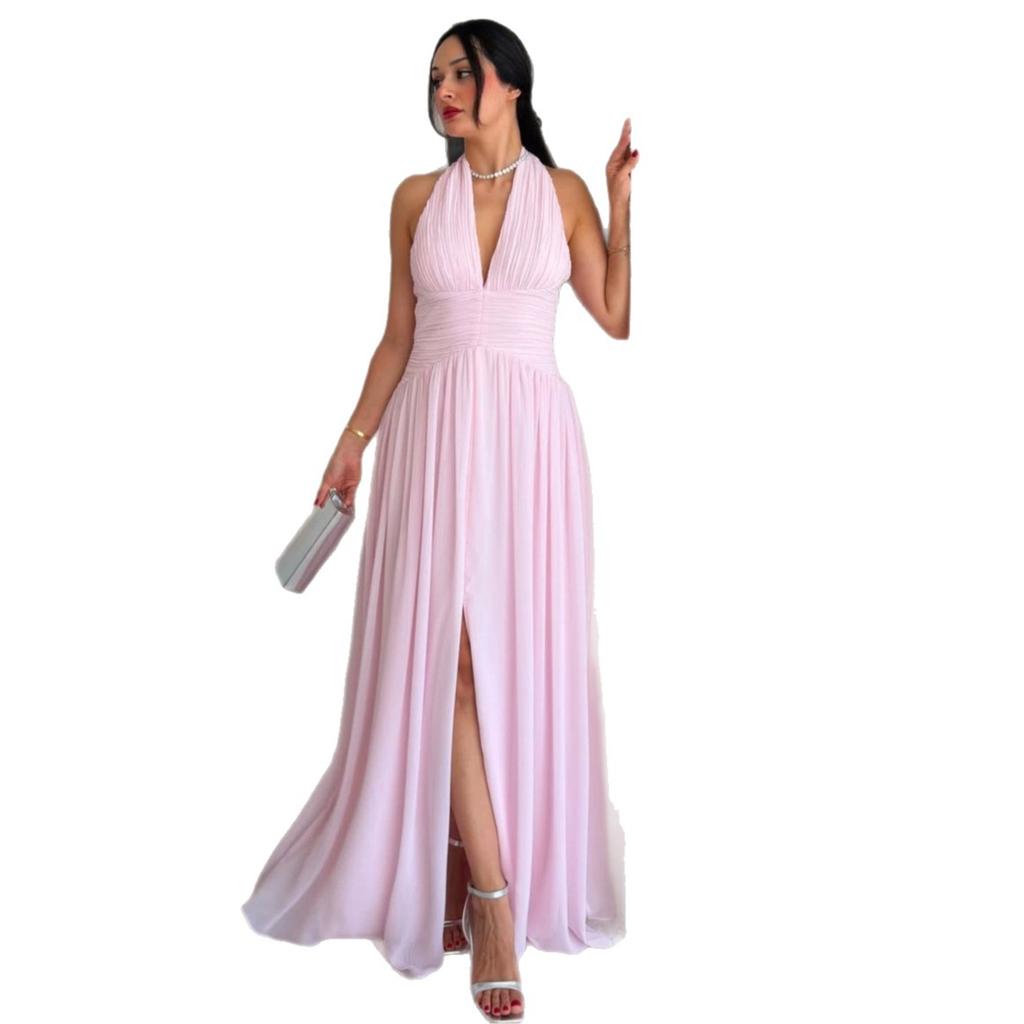 European and American women's clothing spring and summer backless neck collar sleeveless long dress waist split temperament dress