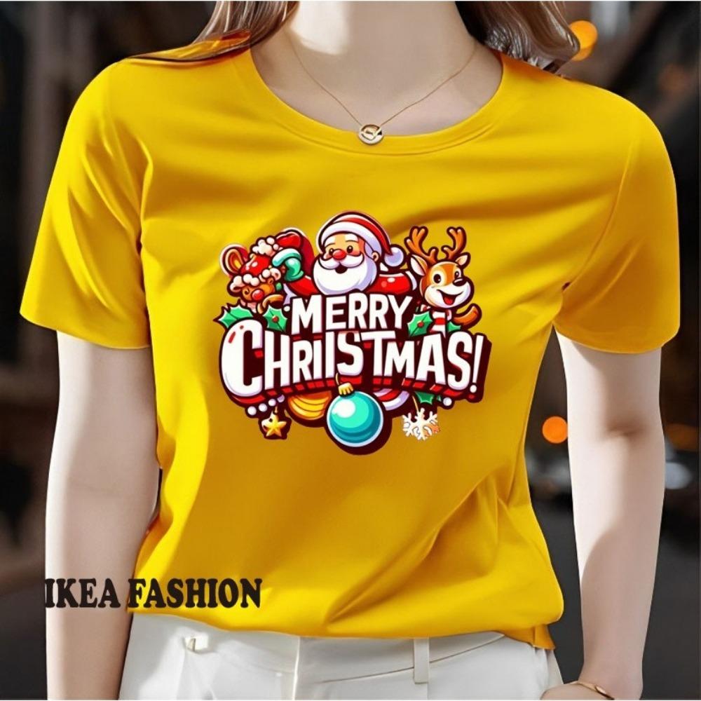

Большая женская футболка с рождественским принтом - С коротким рукавом, круглый вырез, повседневный топ 6XL