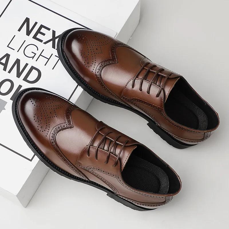 Pánské boty z vrchní vrstvy hovězí kůže, pravá kůže, business casual, boty s měkkou podrážkou, britský styl, blokově vyřezávané pracovní boty