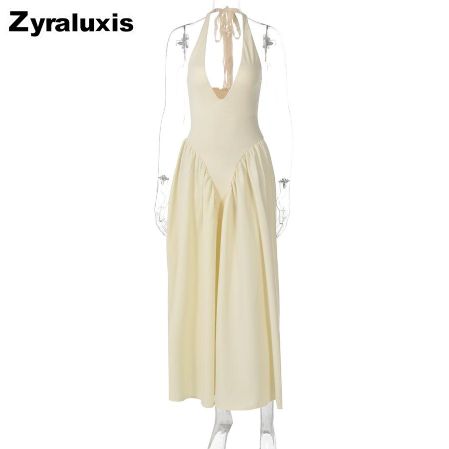 New Solid Color Sexy Deep V Hollow Out Suspender Dress Chic A-Line Skirt Midi Dress for Women
