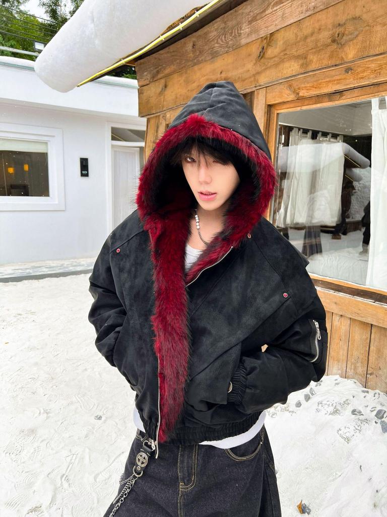 Men's Heavyweight Red Fur Collar Retro PU Leather Cotton Jacket - Plus Velvet Thick Warm Outerwear