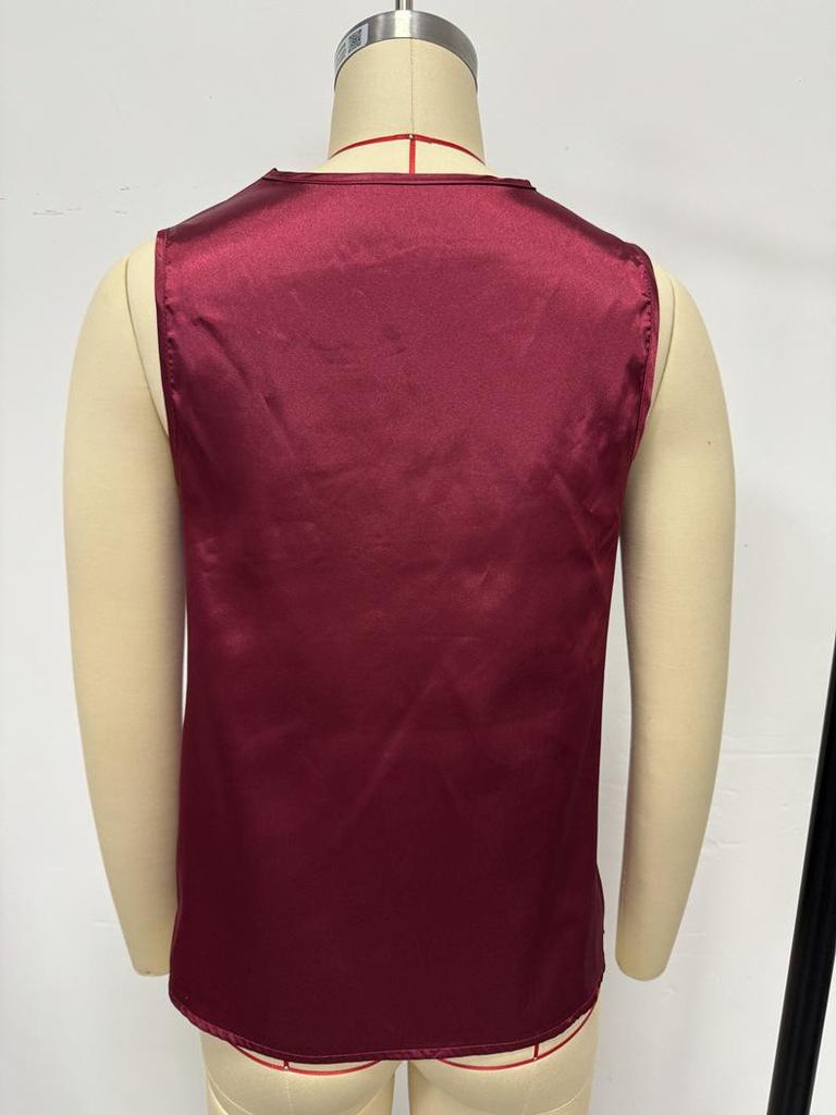 European & American Style Women's Satin Silk Sleeveless Pleated Top for Autumn