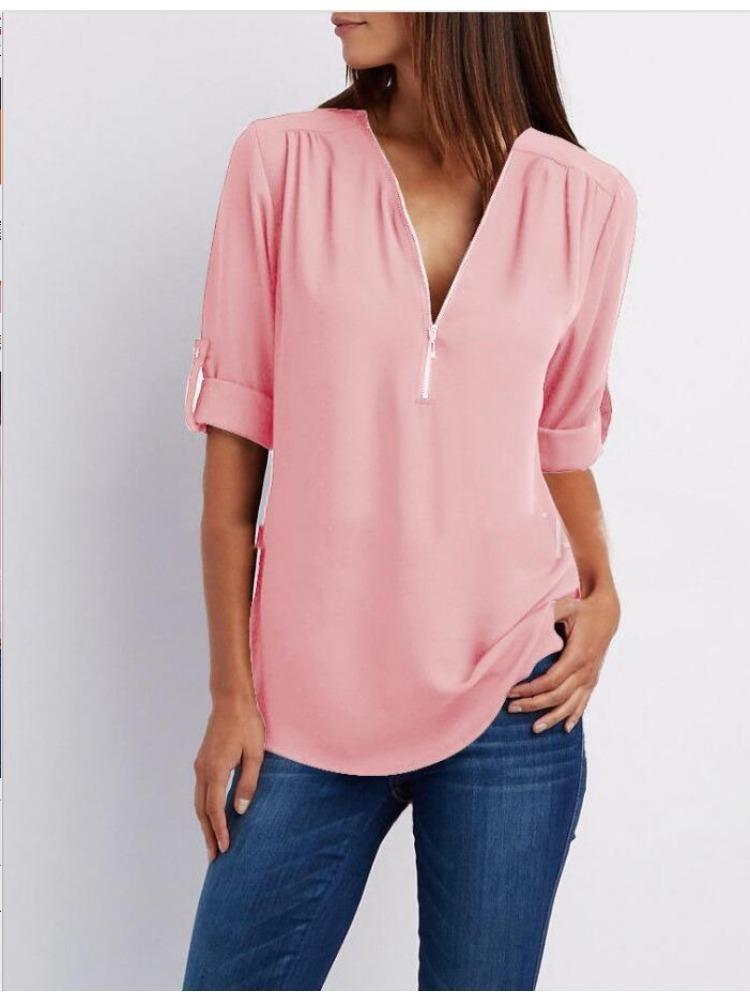 Women's Plus Size Loose Fit V-neck Chiffon Shirt with Long Sleeves and Adjustable Zipper