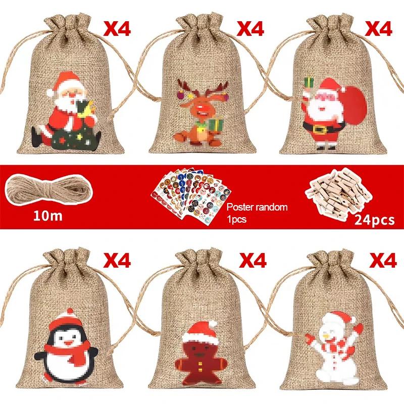 2026 Christmas Advent Calendar Small Christmas Gift Bags Tiny Christmas Burlap Candy Bag Holiday New Year Party Favors Supplies