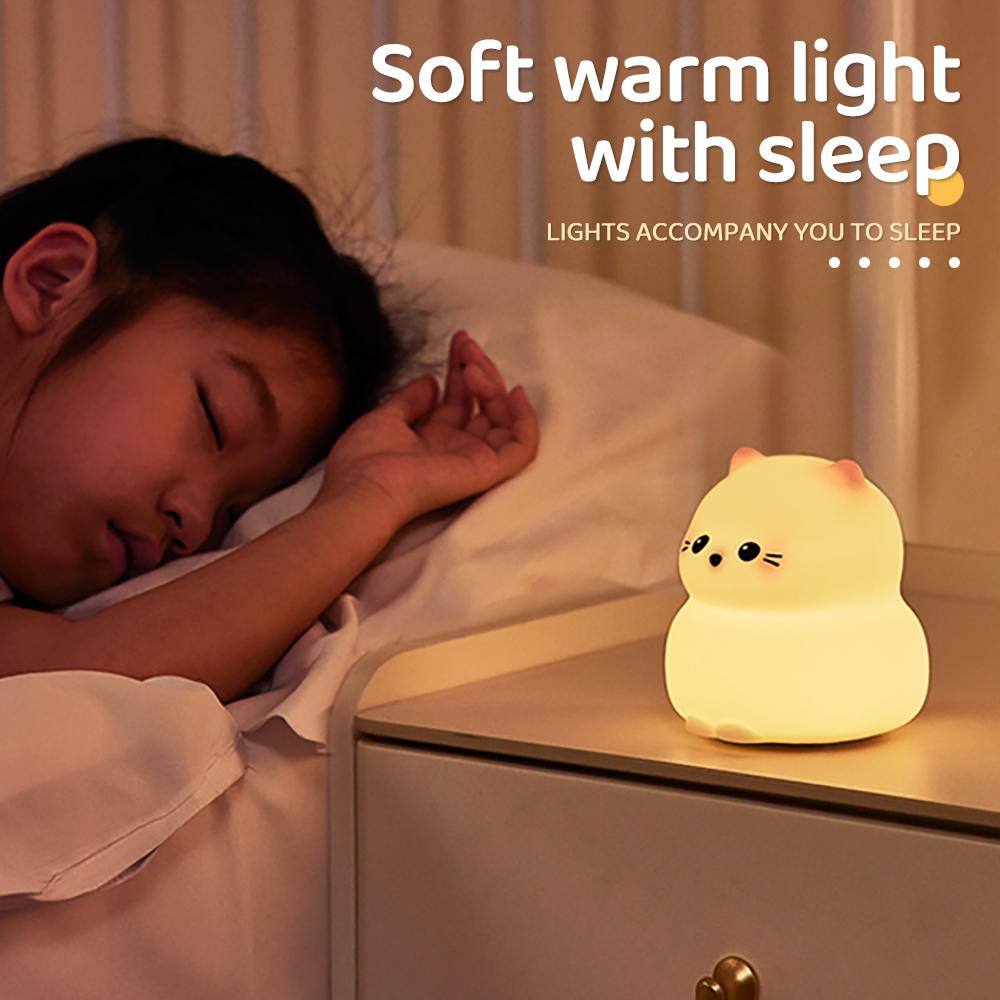 Cute Cat Silicone Night Light 3 Brightness Rechargeable Timing Sleeping Lamp Kawaii Cordless Night Lights For Kids Room Decor