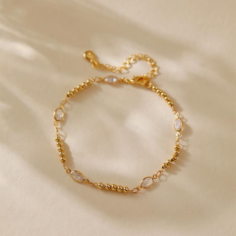 Womens Exquisite Dainty Zircon Inlaid Small Round Bead Chain Lucky Bracelet