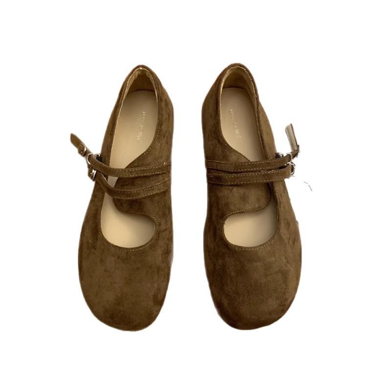 Retro Mori literary and artistic style frosted leather Mary Jane shoes one-word buckle with shallow mouth round head flat-bottomed ballet single shoes