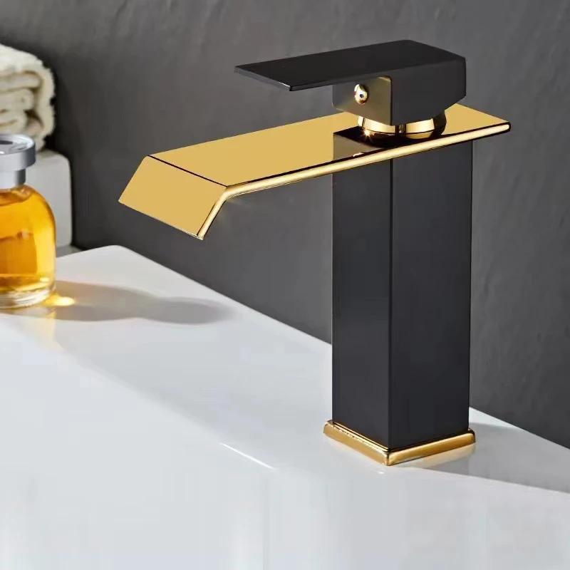 Waterfall Basin Faucet Gold and Black Sink Waterfall Mixers Bathroom Faucet Deck Mounted Washbasin Taps