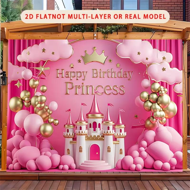 Sfondo Principessa Castello 2D Rosa e Oro per Festa di Compleanno Bambine Piccole