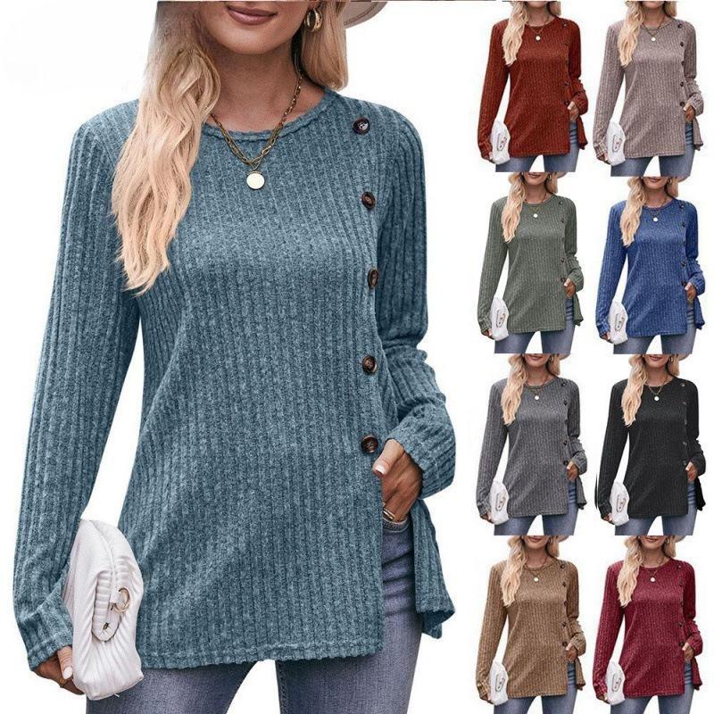 Women's Autumn Button Fashion Solid Color Long-sleeved T-shirt