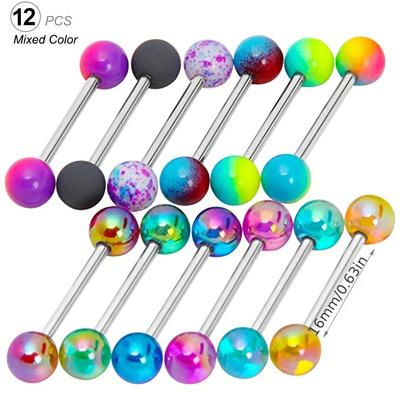 Anneaux de langue en boule acrylique de couleurs mélangées, 12 pièces/ensemble, bijoux de perçage de langue