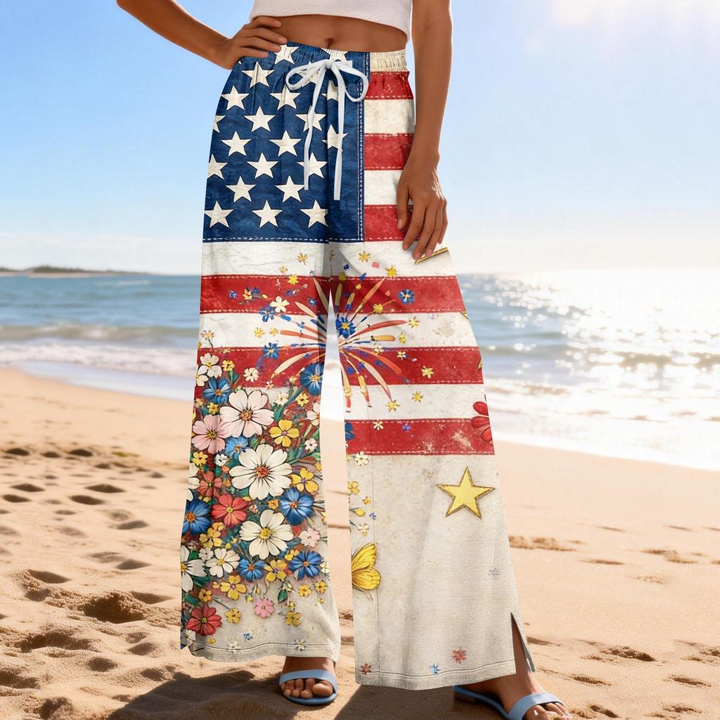 Dámské letní boho palazzo kalhoty s vysokým pasem a širokými nohavicemi, tisk, ležérní kalhoty s kapsami