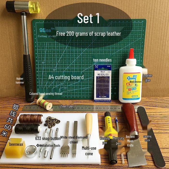 Handmade Leathercraft Sewing Set: Cutting Knife, Diamond Awl, Edge Beveler, Waxed Thread, and Coat.