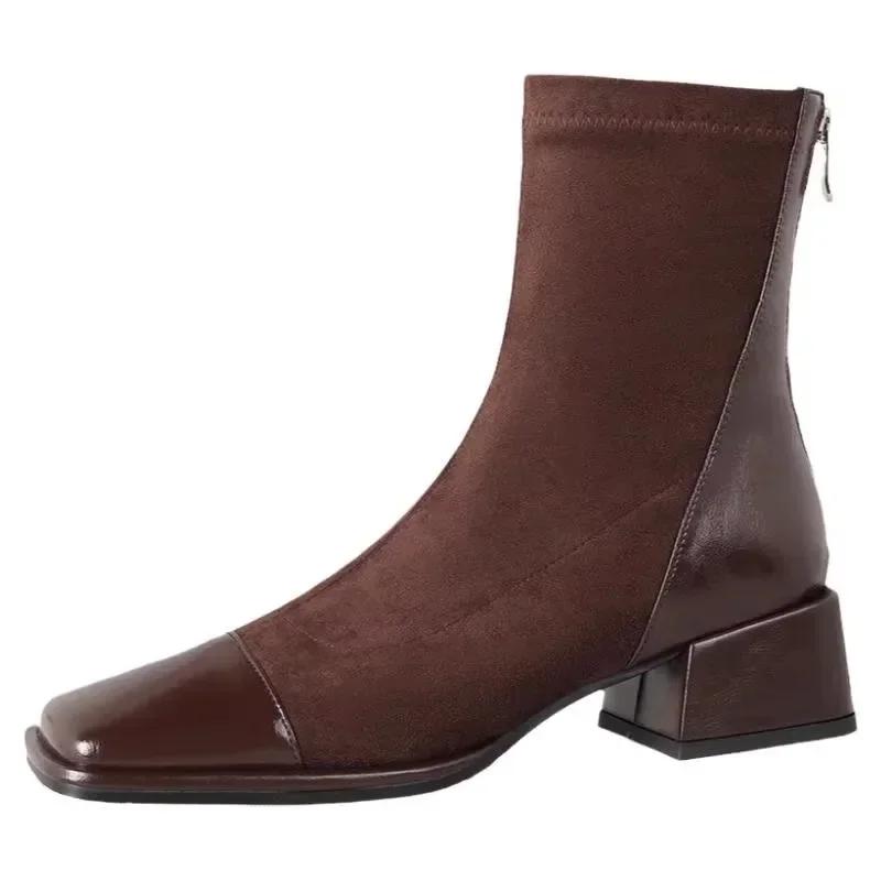 Dámská móda Čtvercová špička Robustní podpatek Krátké boty Nové Podzim Zima Stručné Elastické Úzké Vysoké podpatky Boty Zapatos De Mujer