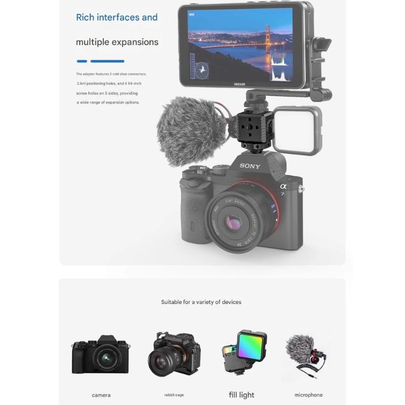 Aluminum Camera Cold Shoe Adapter With 3 Hot Shoe Mounts And 4 Screw Holes For DSLR Rig Accessories Expansion