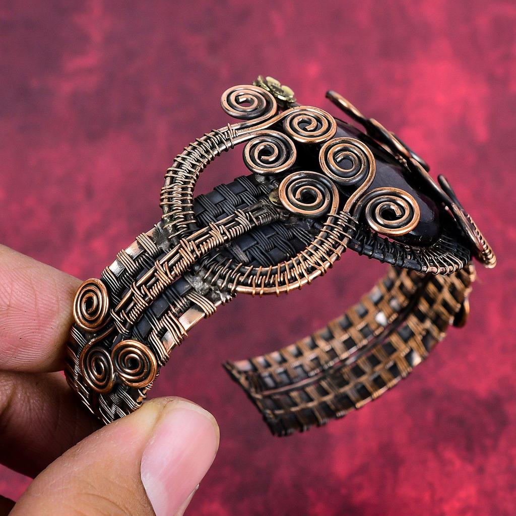 Hypersthene bangle copper wire wrapped adjustable cuff bracelet copper jewelry real gemstone handmade bangle wire wrap jewelry gifts for mom