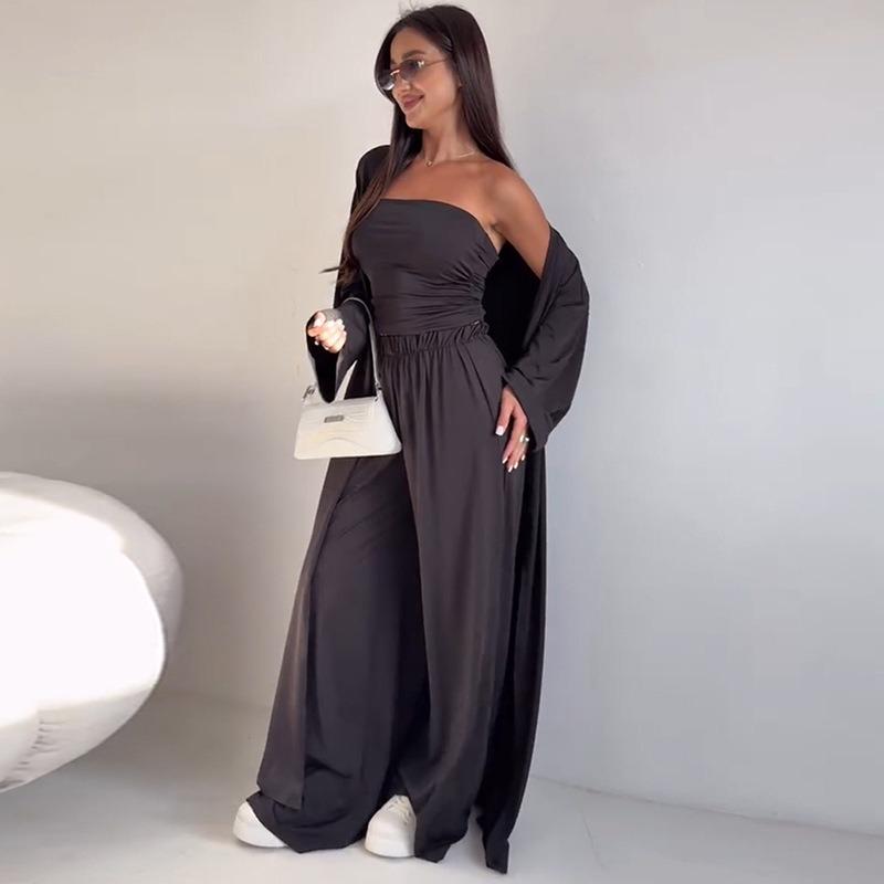 

Women 3 Piece Sets Off Shoulder Sleeveless Cropped Tank Top Long Cardgian Elastic Wide Leg Pant Female Suit Summer Lady Outfits XL