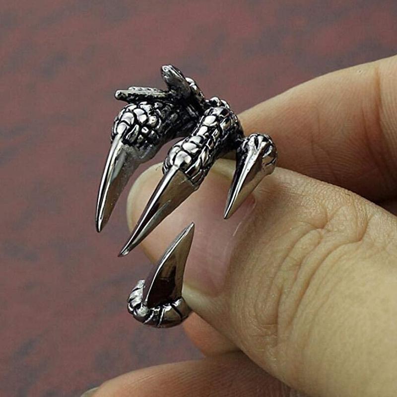 Vintage Punk Titanium Steel Eagle Dragon Claw Ring Gothic Halloween Jewelry for Men Open Rock Animal Skull Ring