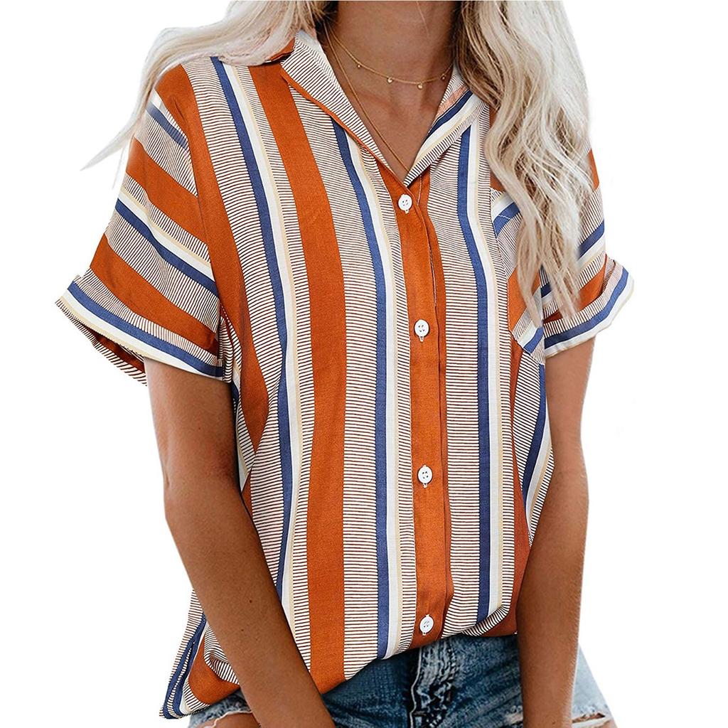 Women Casual Stripe Print V-neck Pocket Short  Sleeve Tops Blouse T-shirt
