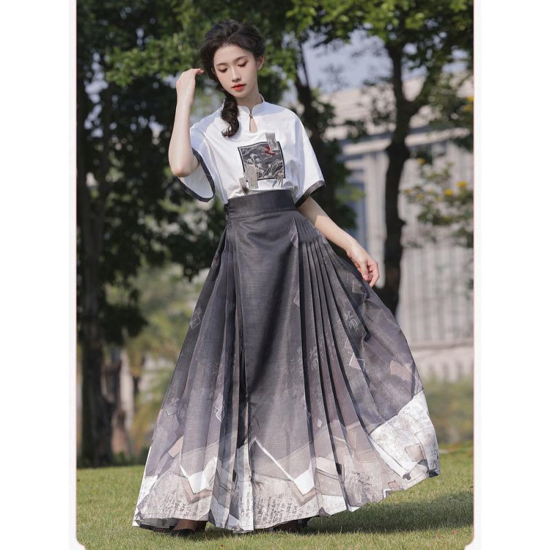 

Женская рубашка Hanfu в китайском стиле, футболка с короткими рукавами и улучшенная длинная юбка Hanfu, комплект из двух предметов