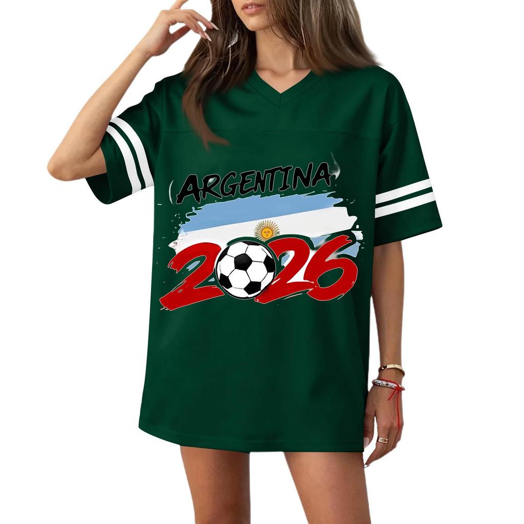 Women's Casual V Neck Soccer Jersey Style Short Sleeve Top with Argentina Flag and Football Print for Sports and Wear