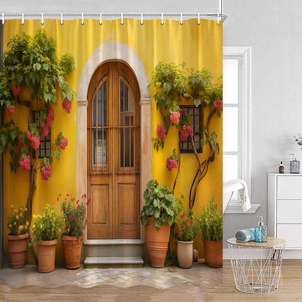 

Винтажные европейские уличные виды Шторки для душа Mediterranea Уличный пейзаж Старая каменная стена Растения Занавеска для ванной комнаты Ретро декор для ванной 120x180cm-47x70in
