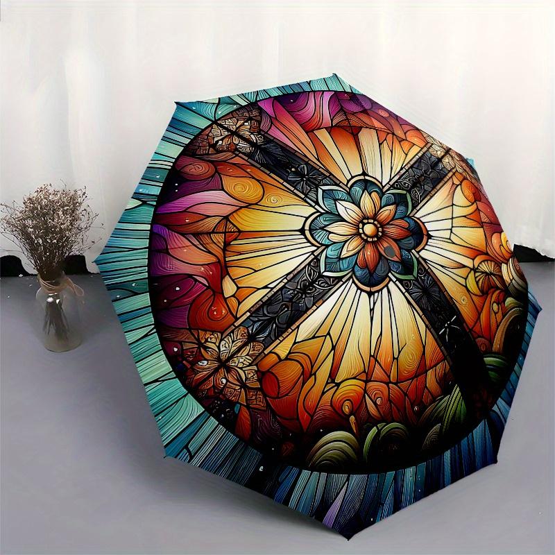 Stained Window Art: Vibrant Circular Design for Home DecorUmbrella, Portable 3-Fold Compact Umbrella for Men & Women Gift