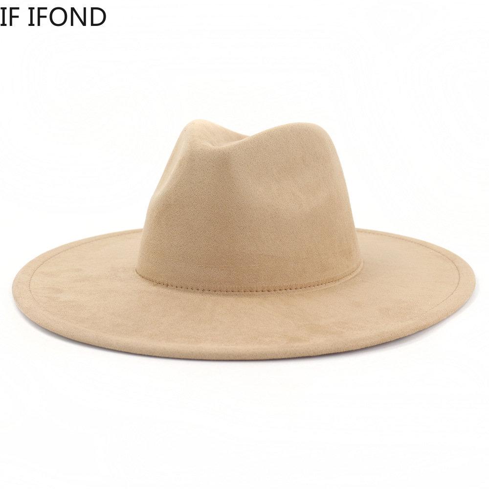 Nowy 9.5cm szeroki zamszowy kapelusz fedora dla kobiet miękki w kształcie mężczyźni Panama kapelusz jazzowy moda różowa dekoracja ślubna sukienka czapka